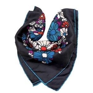 John Wanamaker Bright Vintage Silk Floral Scarf, Italy, navy blue aqua & red